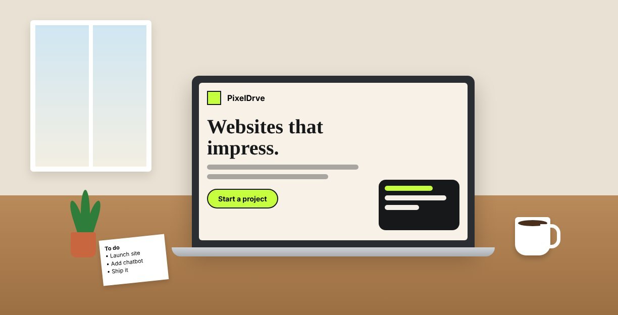 A laptop showing a PixelDrve website on a desk