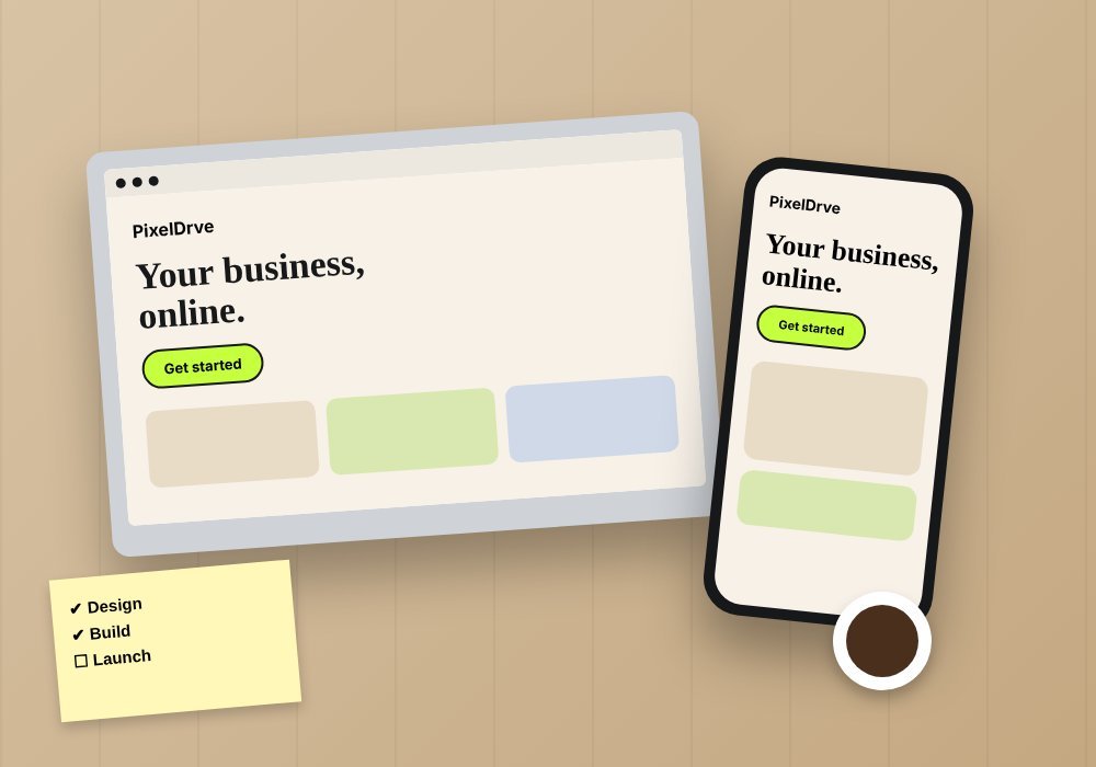 A laptop and phone showing a PixelDrve website